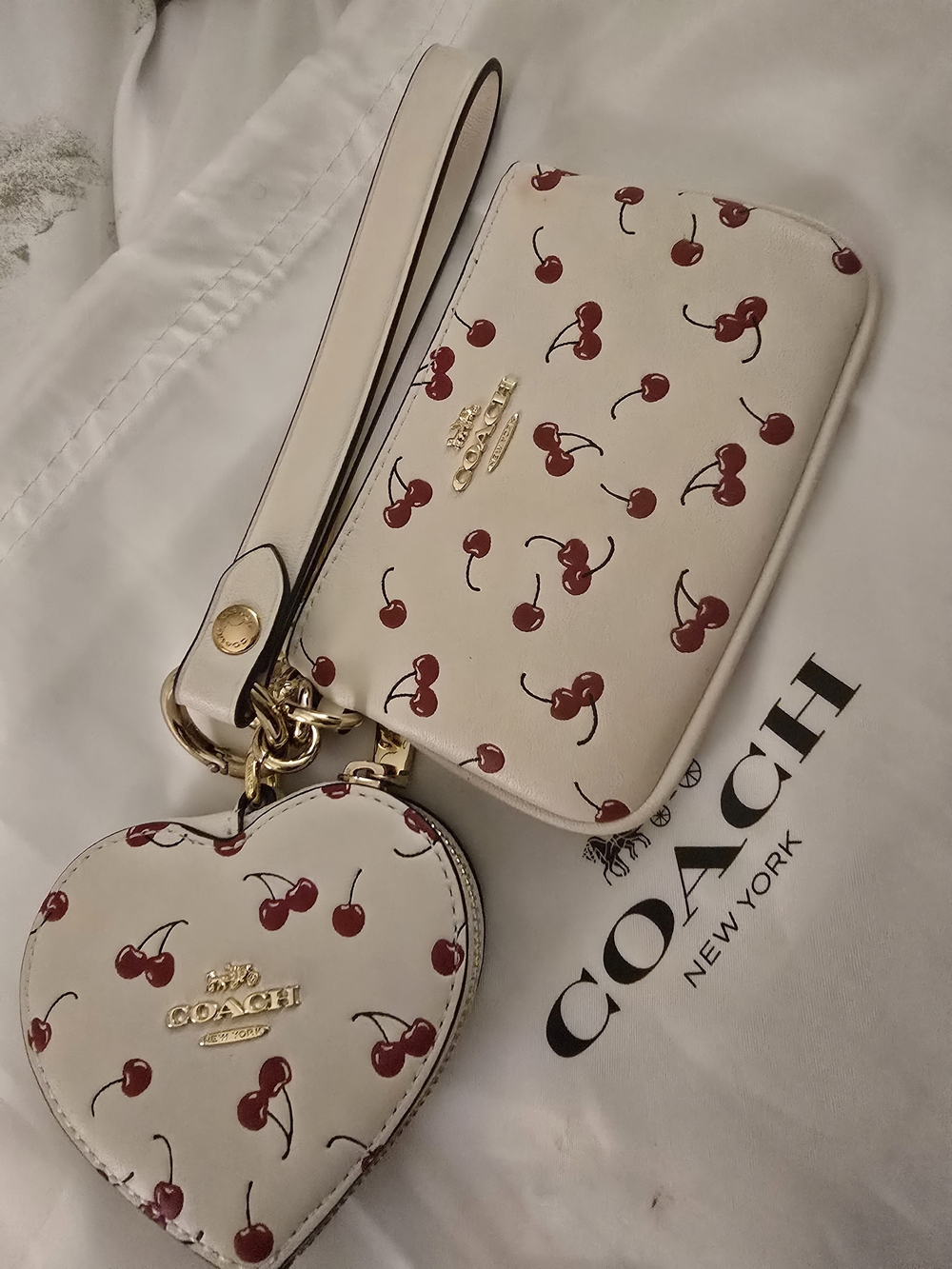 Coach Cream Wristlet & Heart Coin Pouch with Red Cherry Print